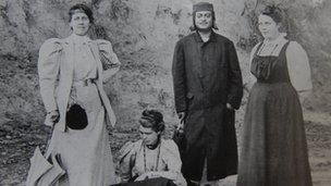 Josephine Macleod (far left) with Swami Vivekananda and two of his disciples