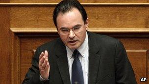 Greek former Finance Minister George Papaconstantinou addresses parliament before it votes on whether he should be investigated