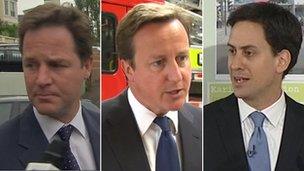 Nick Clegg, David Cameron ac Ed Miliband