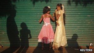 Girls playing at a slum in Mumbai, India