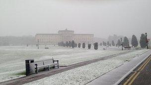 A flurry of snow created a bleak scene at Stormont on Friday