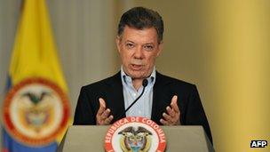Juan Manuel Santos at a news conference on 13 January 2013