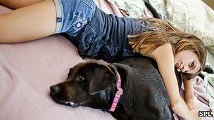 Girl relaxes with dog