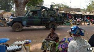 The first Burkinabe military patrol, as members of the African forces in Mali, arrives in Merkala