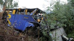 The wreckage of a bus in Serta, central Portugal