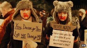 A small group of Pro Choice protestors picket Pro-Life Campaigners gathered in Merrion Square, Dublin (19 Jan 2013)