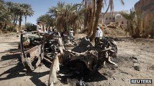 Wreckage of a car destroyed by a US drone strike in south-eastern Yemeni province of Hadhramout on 5 February 2013