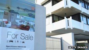 A for sale sign in front of an apartment block in Australia