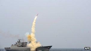 This undated picture released on 14 February 2013 in Seoul by South Korea's defence ministry shows the test-launch of its new cruise missile being fired from a warship