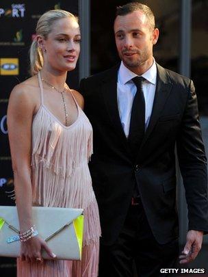 Oscar Pistorius and Reeva Steenkamp at the Feather Awards on November 4, 2012 in Johannesburg, South Africa
