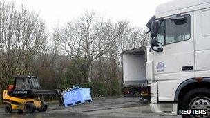 Lorry being loaded at Farmbox Meats in Llandre, Aberystwyth