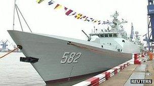 Chinese Type 056 stealth frigate at dock in Shanghai