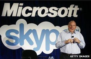 Steve Ballmer with Skype logo