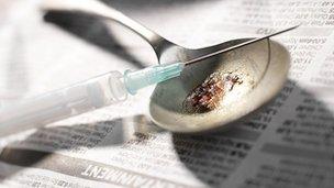 A syringe and heroin on a spoon