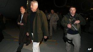 US Defence Secretary Chuck Hagel (second from left) arrives in Kabul, 9 March