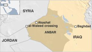 Map showing Akashat in Iraq and al-Waleed border crossing
