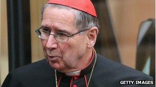 Cardinal Roger Mahony of the US arrives for the eighth congregation at the Paul VI Hall inside the Vatican on 8 March 2013 in Vatican City, Vatican