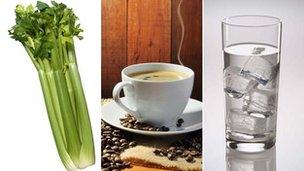 Celery, coffee, water