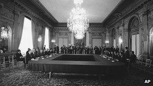The US delegation, left, and North Vietnamese delegation at Paris peace talks
