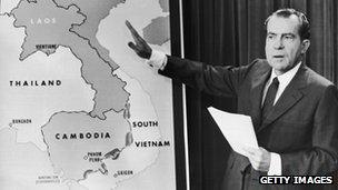President Nixon in 1970 with a map of Vietnam