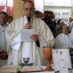 Cardinal Jorge Bergoglio speaks during a Mass celebrating the life of Carlos Mugica, a priest killed by a right-wing death squad in Argentina in 1974 (2000)