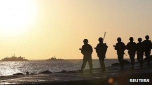 South Korean marines patrol on Yeonpyeong island, March 10