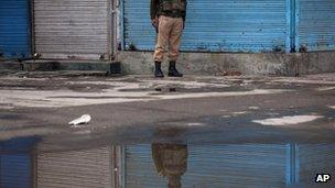 Indian paramilitary soldier in Srinagar on March 14, 2013