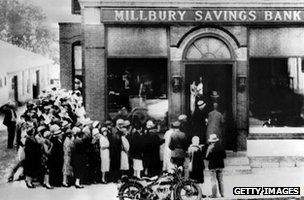 A bank run in 1929 at the Millbury Savings Bank in Massachusetts