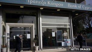 A man walks near a Bank of Cyprus branch in Nicosia. Photo: 28 March 2013