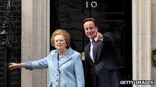 Baroness Thatcher and David Cameron outside 10 Downing Street