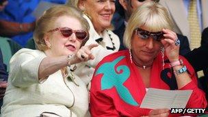 Margaret Thatcher with her daughter Carol at Wimbledon in 2006