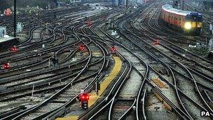 Railway tracks outside Clapham Junction station in London