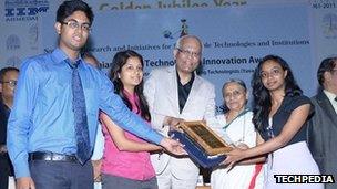 The team - (left to right) Niladhri Basu Bal, Rimpi Tripathi and Manisha Mohan collect a Gandhian Young Technological Innovation Award