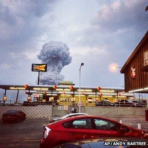 Plume of smoke from the blast at West, Texas. 17 April 2013