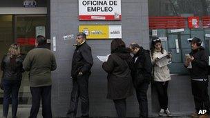 People queue outside a job centre in Madrid. Photo: April 2013