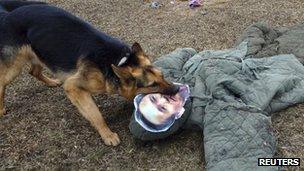 A North Korean military dog bites a dummy of South Korean Defence Minister Kim Kwan-jin during a military drill in an unknown location in this picture taken on 6 April 2013 and released by North Korea's official KCNA news agency in Pyongyang on 7 April 2013
