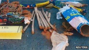 A collection of fireworks found inside a backpack are seen in a handout photo released by the Federal Bureau of Investigation (FBI) 1 May 2013