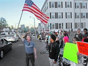 Protesters outside the funeral home in Worcester, Massachusetts, 3 May