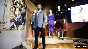 Former ABBA member Bjorn Ulvaeus poses for the media in front of an exhibit