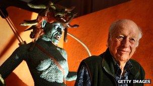Ray Harryhausen with a model of Clash of the Titans' Medusa