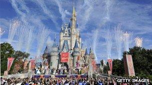 Fireworks light the sky over Cinderella Castle during the Grand Opening of New Fantasyland at Walt Disney World Resort