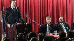 Serbian Deputy PM Aleksandar Vucic addresses a meeting in Mitrovica. 12 May 2013