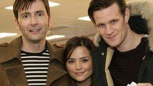David Tennant, Jenna-Louise Coleman and Matt Smith at the 50th anniversary show read-through in April