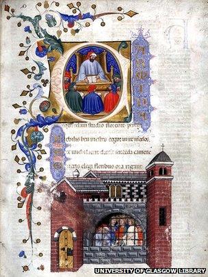 A manuscript depicting Boethius. [Image by permission of University of Glasgow Library, Special Collections]