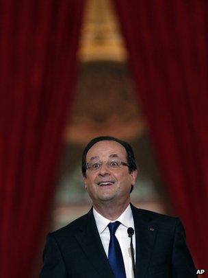 French President Francois Hollande addresses reporters in Paris, 16 May