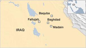 Map shows site of bombings - Baghdad, Madain, Fallujah and Baquba