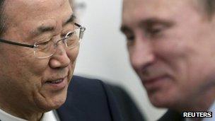Ban Ki-moon and Vladimir Putin in Sochi, Russia, on 17 May 2013