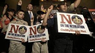 Young Boy Scout members protest against admitting gay members in Grapevine, Texas 23 May 2013