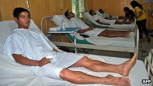 Philippine soldiers wounded after a clash with members of the Abu Sayyaf group, receive treatment at a hospital inside a military base in Patikul town, Sulu province, in southern island of Mindanao on May 25, 2013.