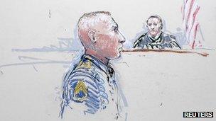 Army Staff Sergeant Robert Bales as he is arraigned on 16 counts of premeditated murder, six counts of attempted murder and seven of assault at Joint Base Lewis-McChord, 17 January 2013